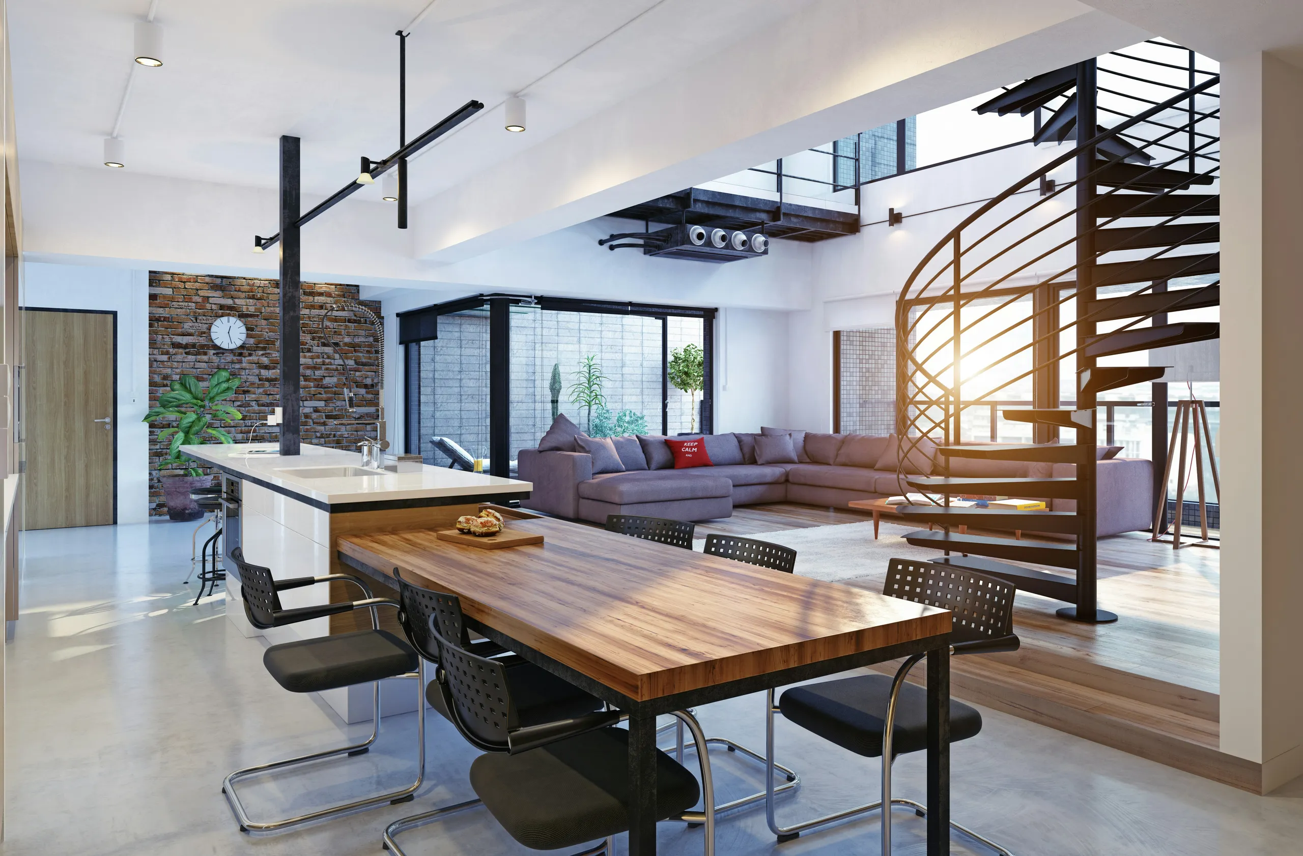 Jasny otwarty loft ze spiralnymi schodami, wyspą kuchenną i jadalnią
